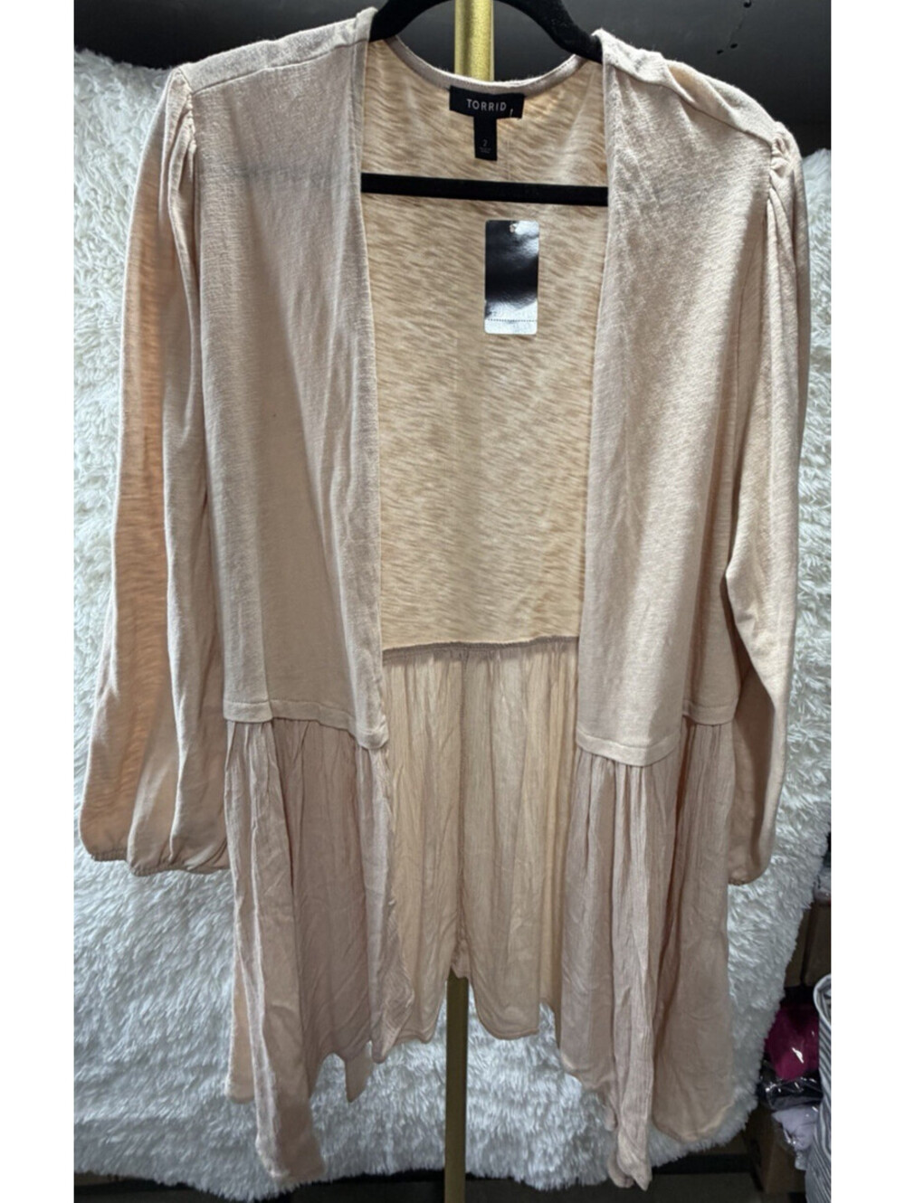 Torrid Women's Beige Mixed Fabric Hanky Hem Kimono Cardigan Ruffle Sz 2X NWT